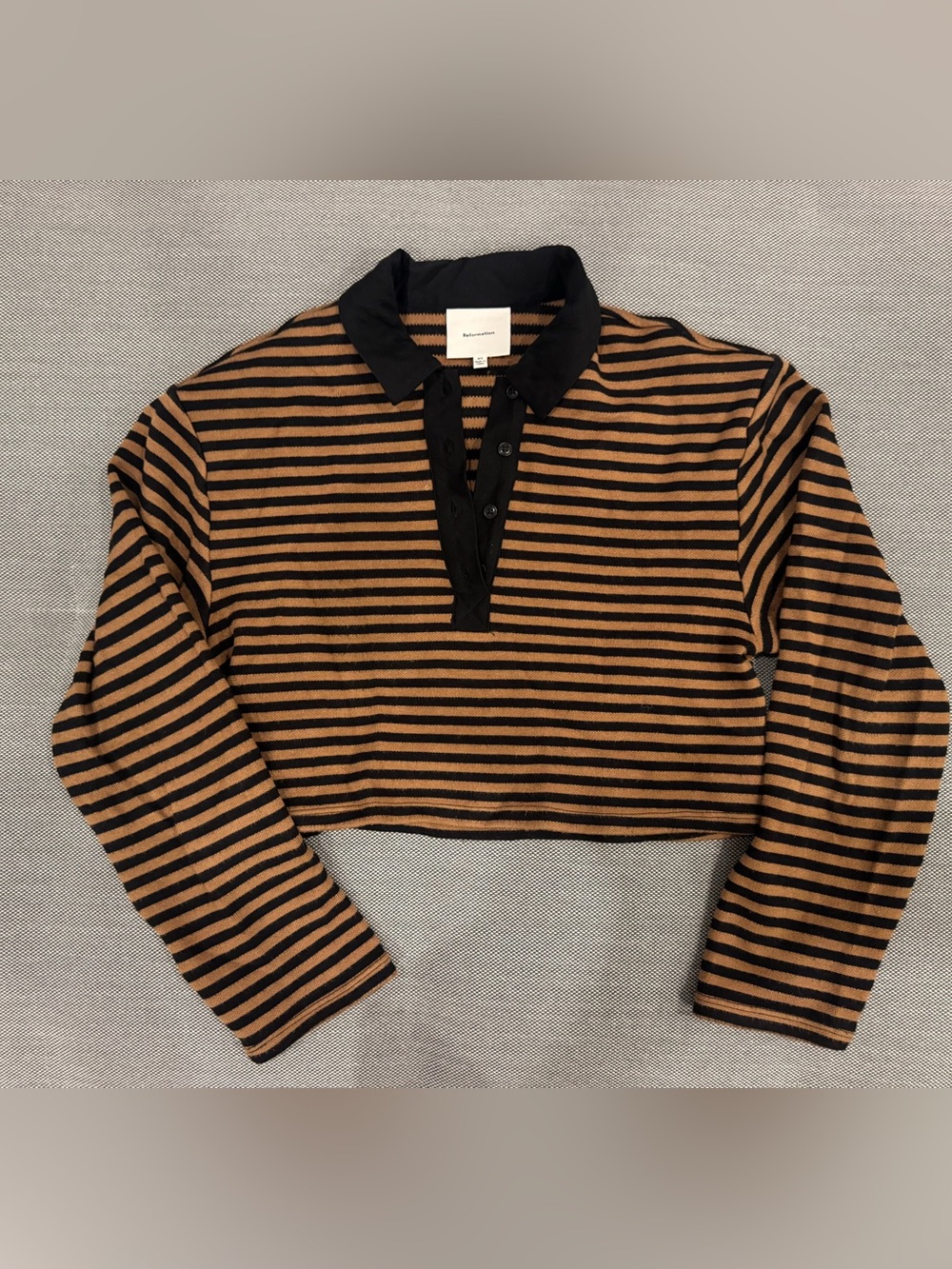Reformation Black and Brown Striped Cropped Long-Sleeve Polo